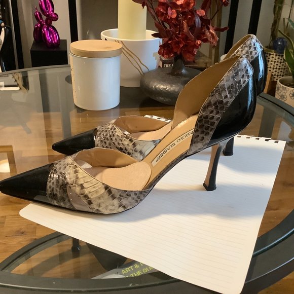 SOLD Vintage Manolo Blahnik Crux Snake/Leather d'Orsay Black 38 1/2 or size 8 M - Picture 3 of 6